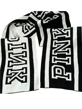 Victoria’s Secret PINK Reversible Knit Scarf Black White Logo 8x61